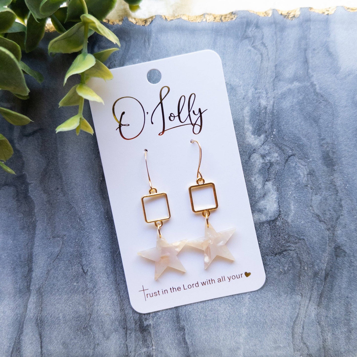 Gold Open Square w/Cream Acrylic Star Earrings