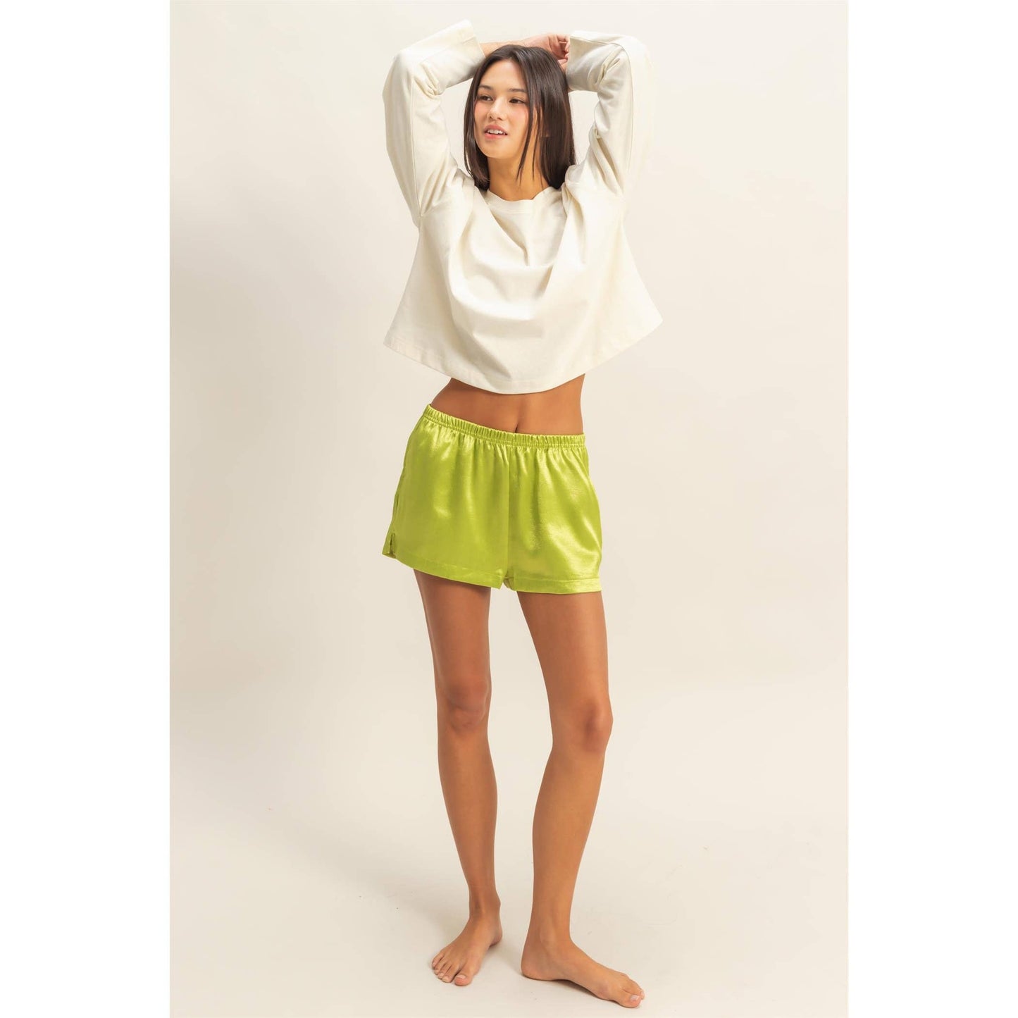 Satin Elastic Waist Shorts With Side Slit: ALGAE
