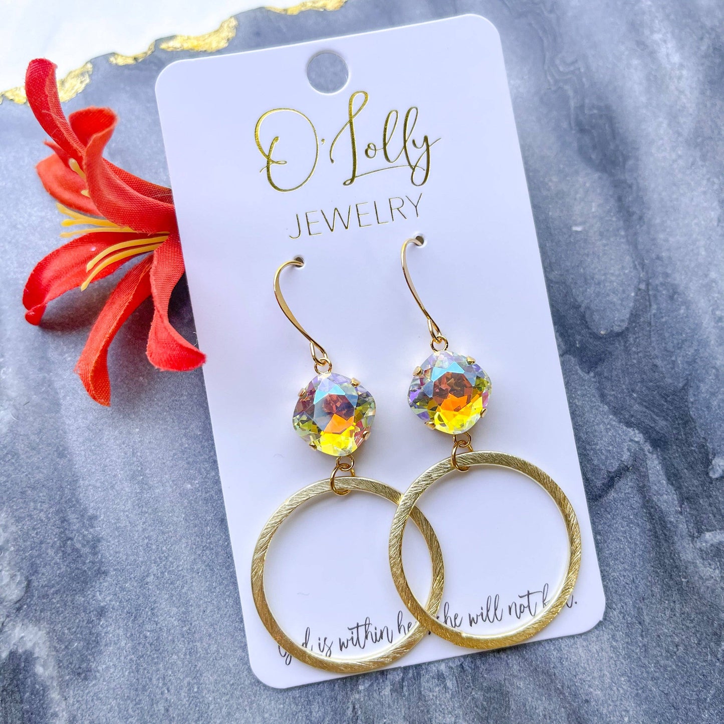 "Sunny"- Gold Textured 30mm Hoop w/Sunset Stone Earrings