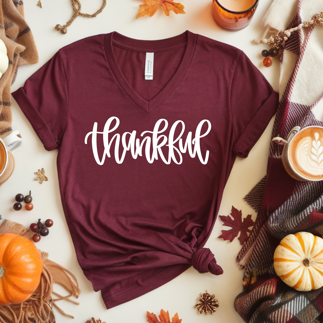 V Neck Thankful Graphic Tee
