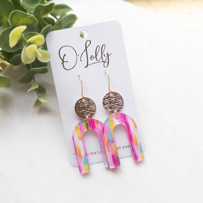 Multicolored Acrylic Shaped Earrings with Gold Disc- “Kori”