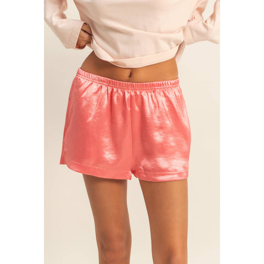Satin Elastic Waist Shorts With Side Slit: Coral