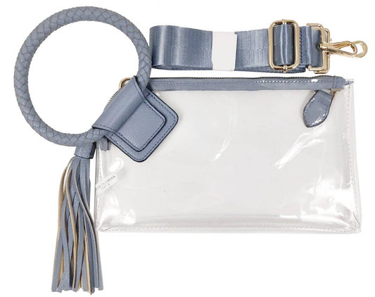 See Through Clear Cuff Handle Tassel Wrislet Clutch: Carolina Blue