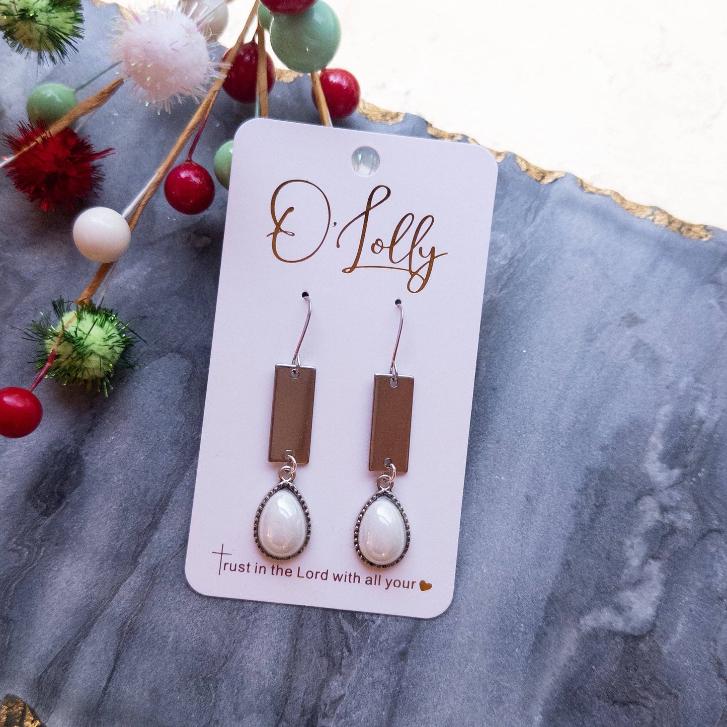 Silver Rectangle w/Pearl Teardrop Earrings