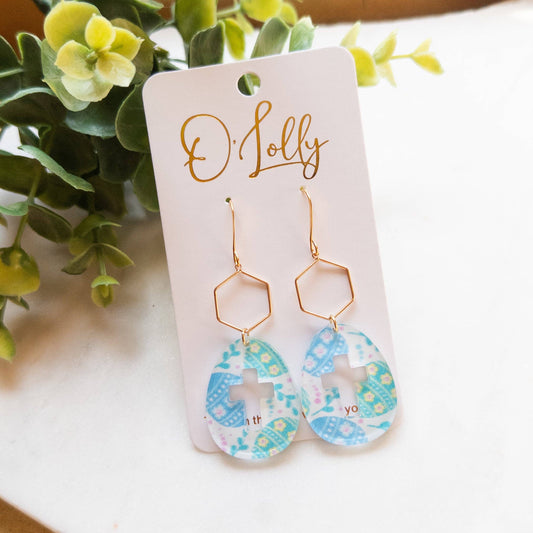 Open Cross Earrings w/Gold Hexagon