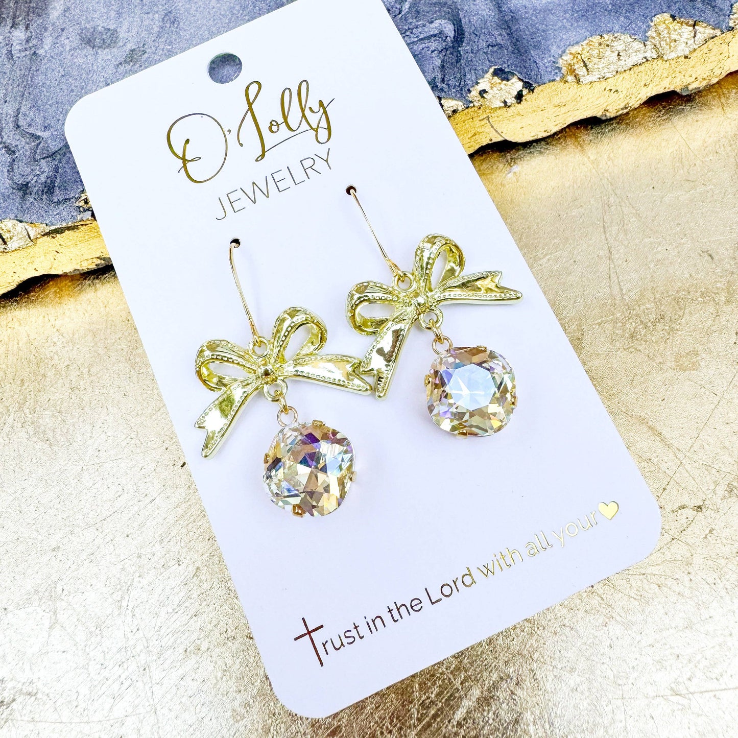 “Bella”- Gold Bow w/Clear Crystal 12mm Stone Earrings