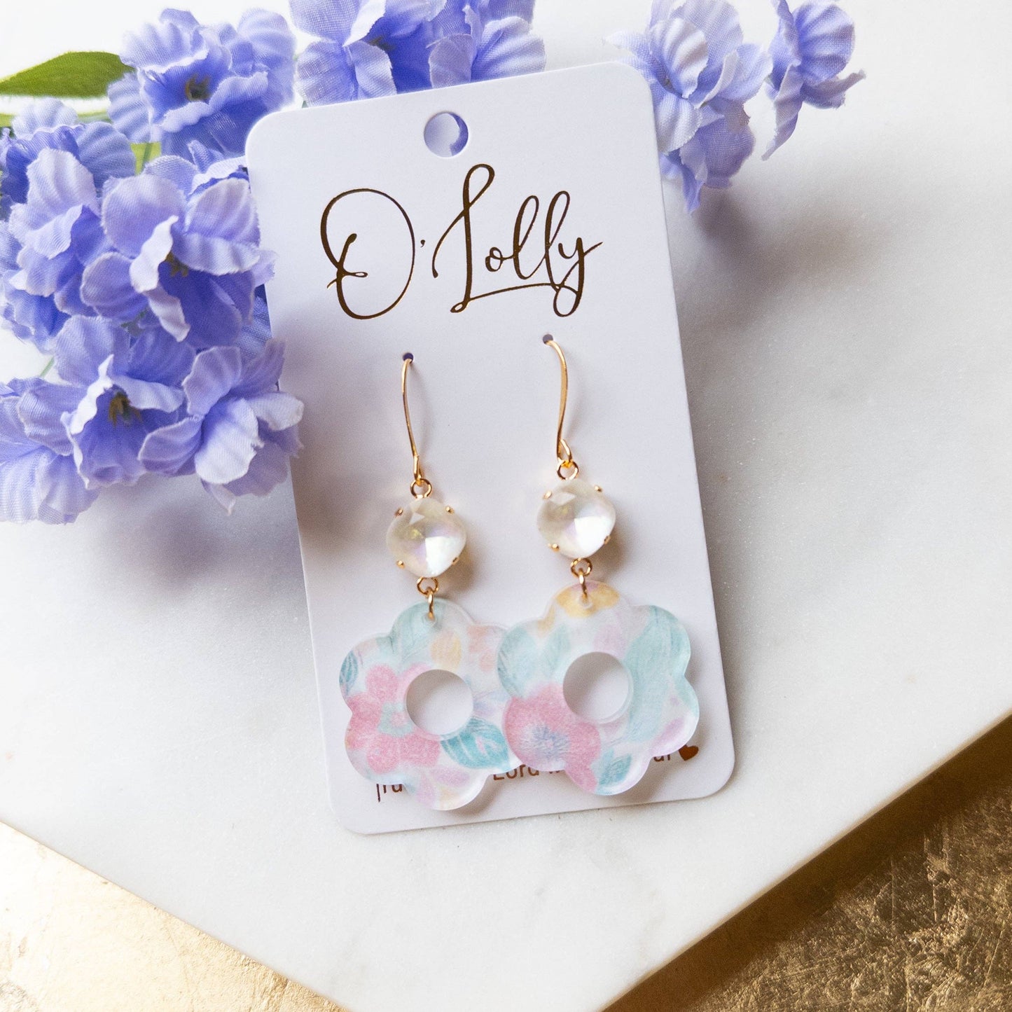 Pastel Acrylic Flower Earrings w/White Stone Earrings
