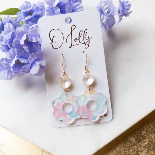 Pastel Acrylic Flower Earrings w/White Stone Earrings
