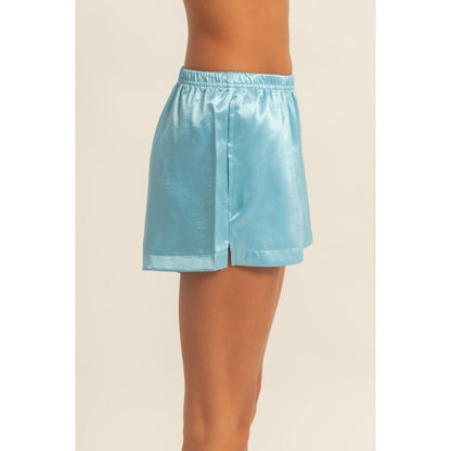 Satin Elastic Waist Shorts With Side Slit: DOLPHIN BLUE