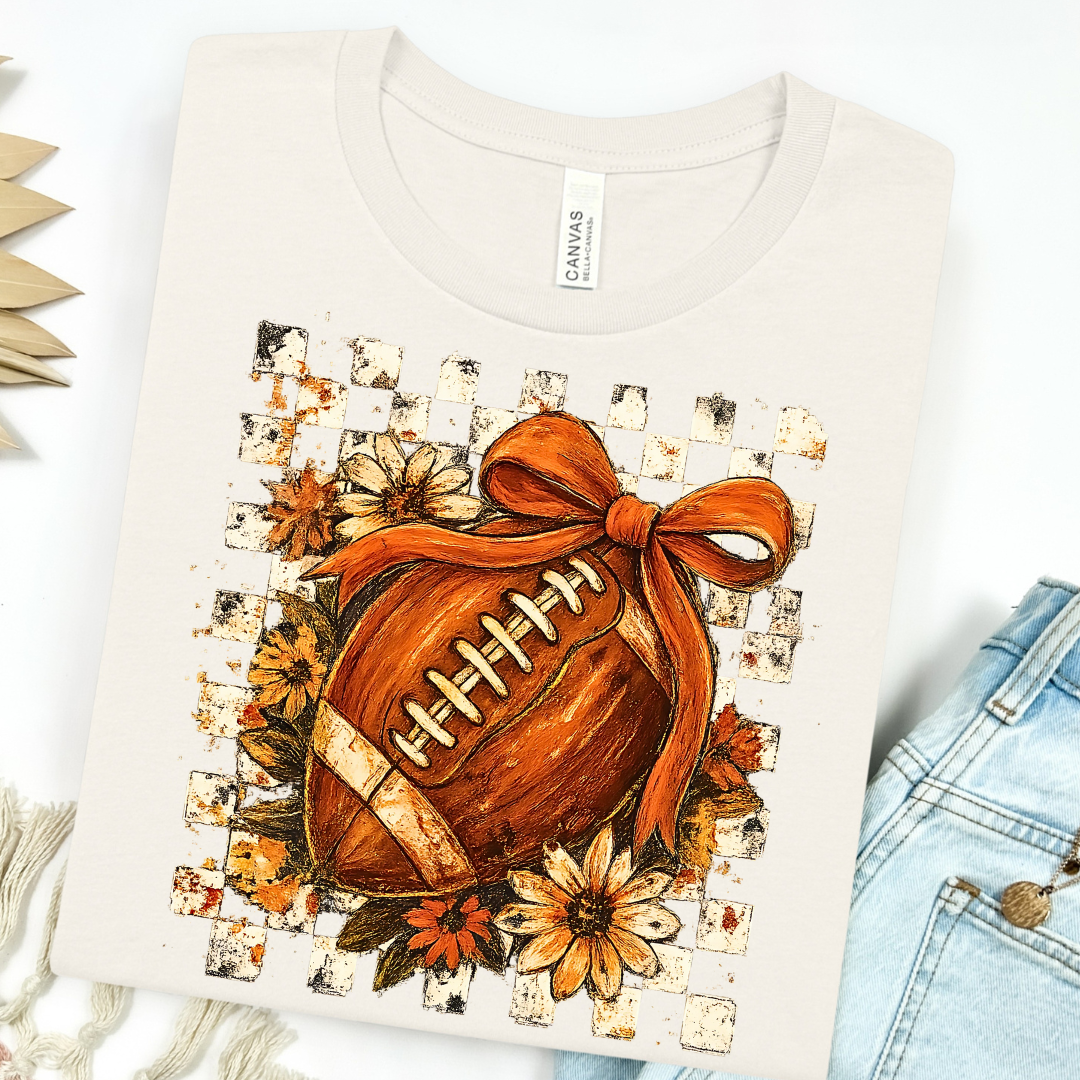 Checkered Floral Football with Bow Graphic Tee