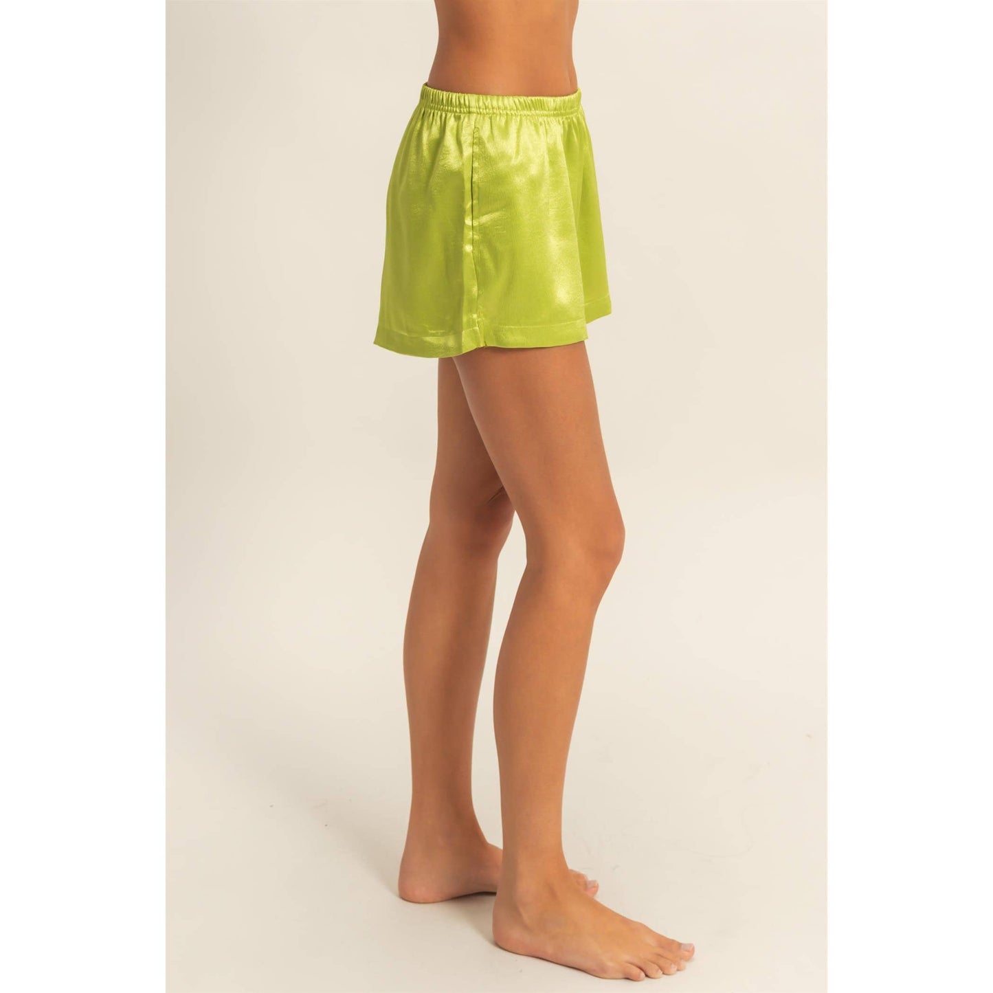 Satin Elastic Waist Shorts With Side Slit: ALGAE