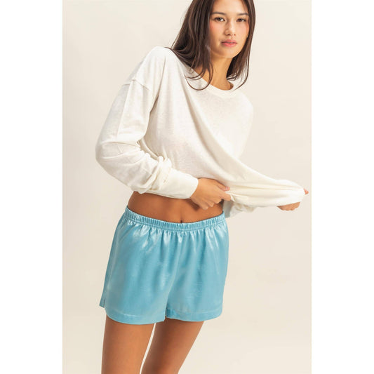 Satin Elastic Waist Shorts With Side Slit: DOLPHIN BLUE