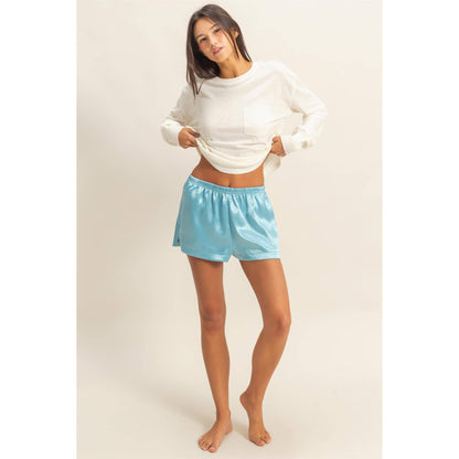 Satin Elastic Waist Shorts With Side Slit: DOLPHIN BLUE