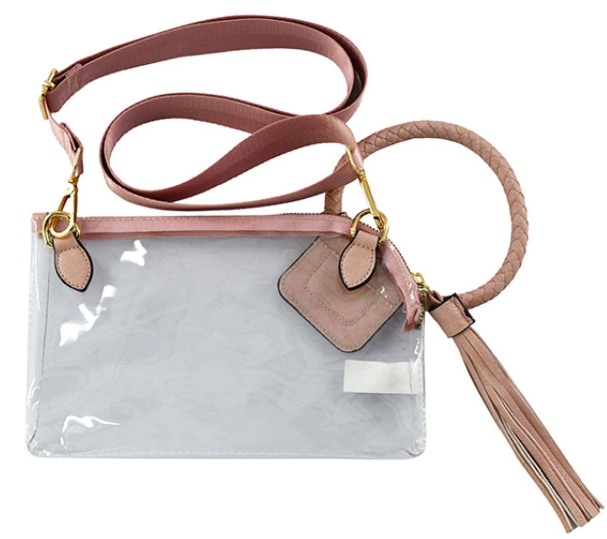See Through Clear Cuff Handle Tassel Wristlet: Blush