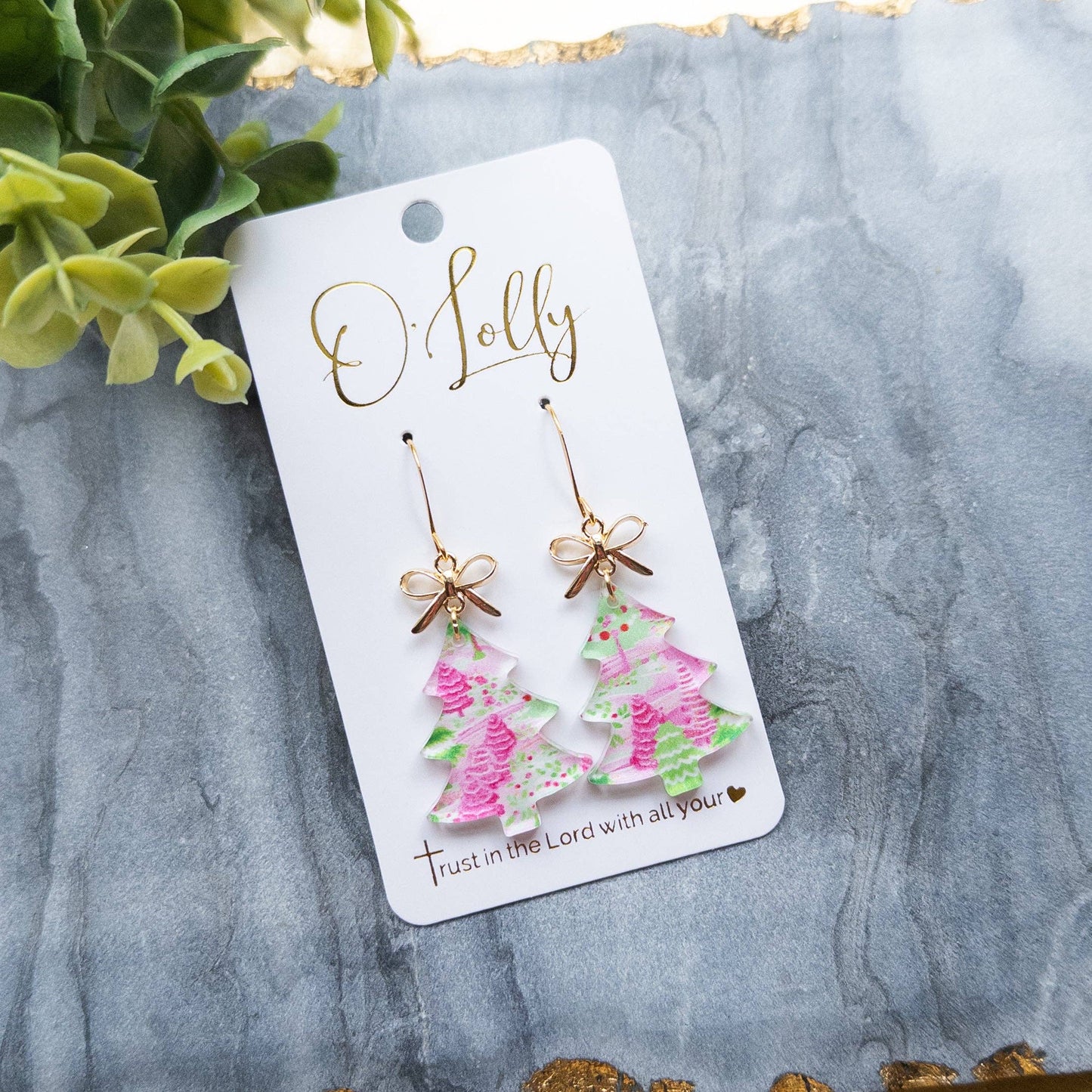 Gold Bow w/Acrylic Christmas Tree Earrings