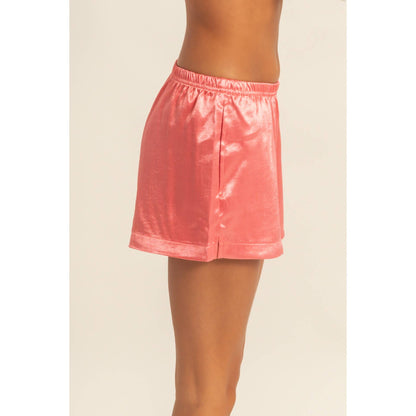 Satin Elastic Waist Shorts With Side Slit: Coral