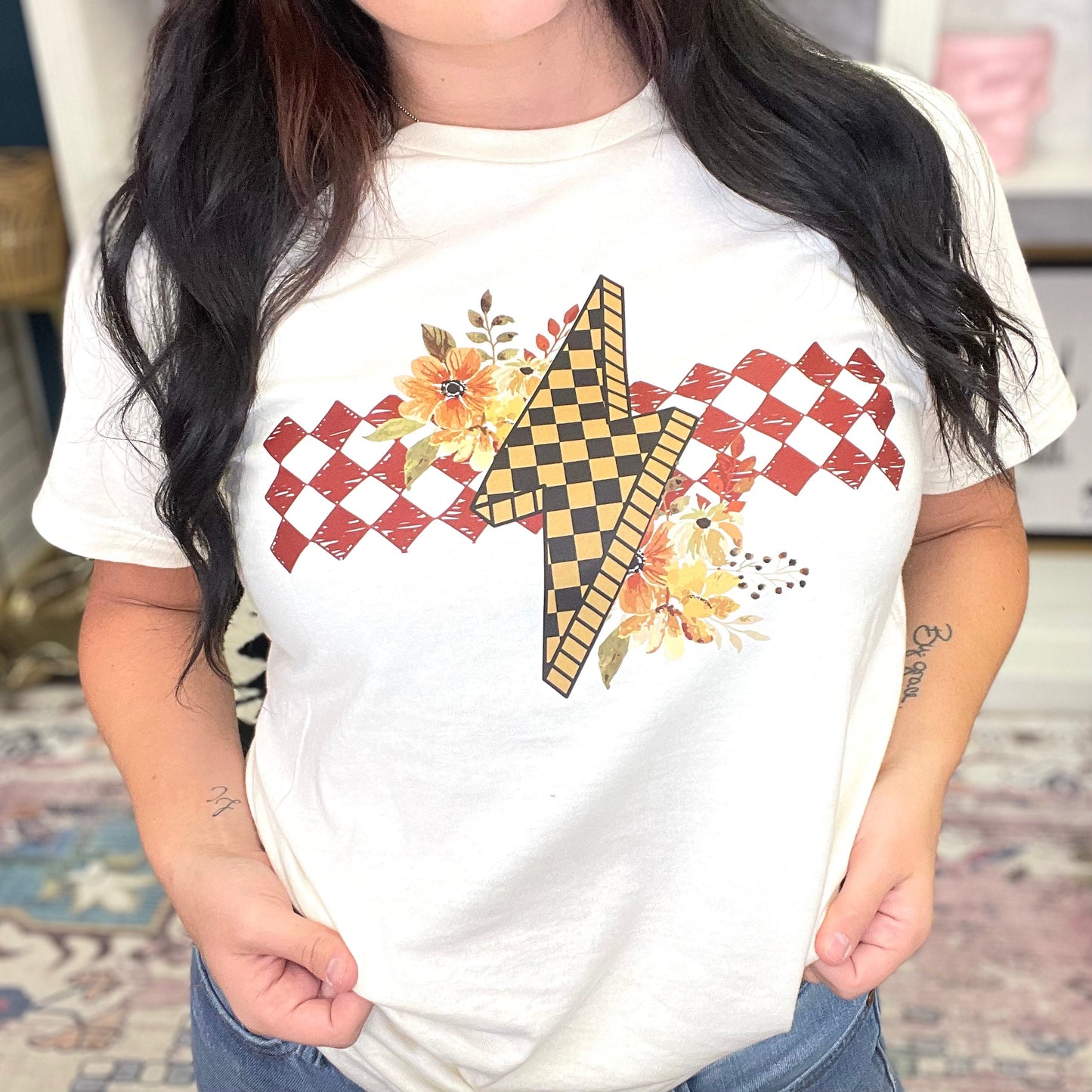 Checkered Floral Bolt Graphic Tee