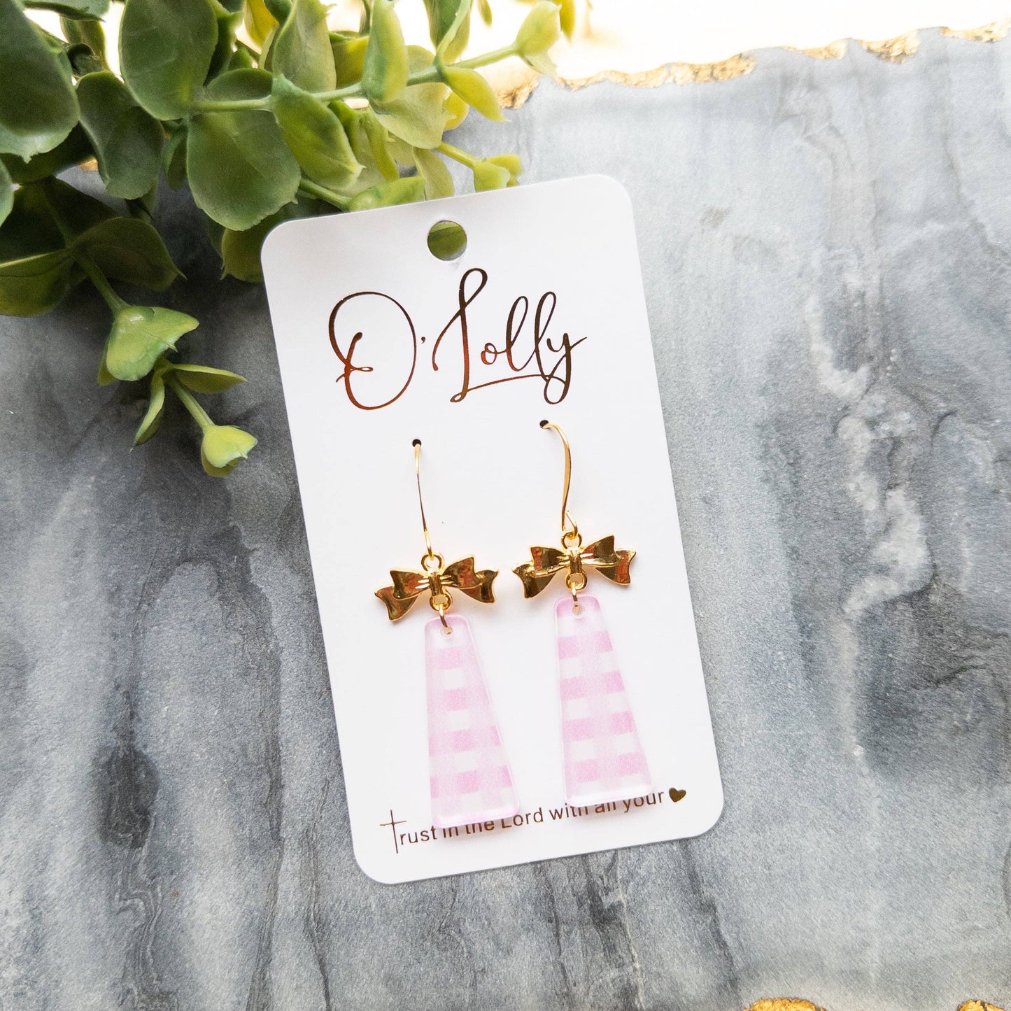Gold Bow w/Pink Gingham Dangle