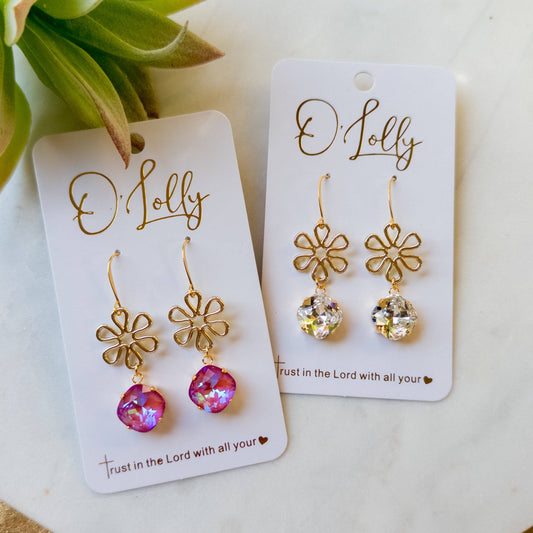 Gold Open Flower w/Stone Dangle: Pink Earrings