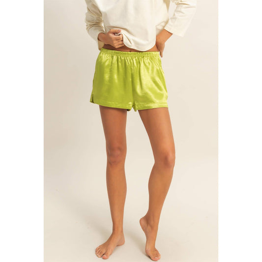 Satin Elastic Waist Shorts With Side Slit: ALGAE