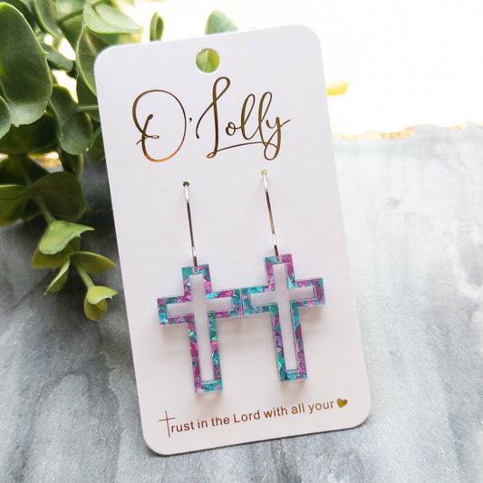 Open Acrylic Cross Earrings: Purple