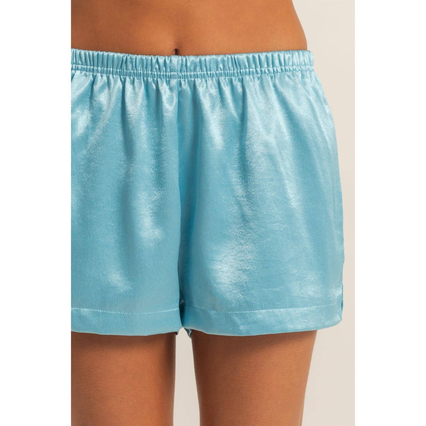 Satin Elastic Waist Shorts With Side Slit: DOLPHIN BLUE