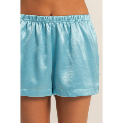 Satin Elastic Waist Shorts With Side Slit: DOLPHIN BLUE