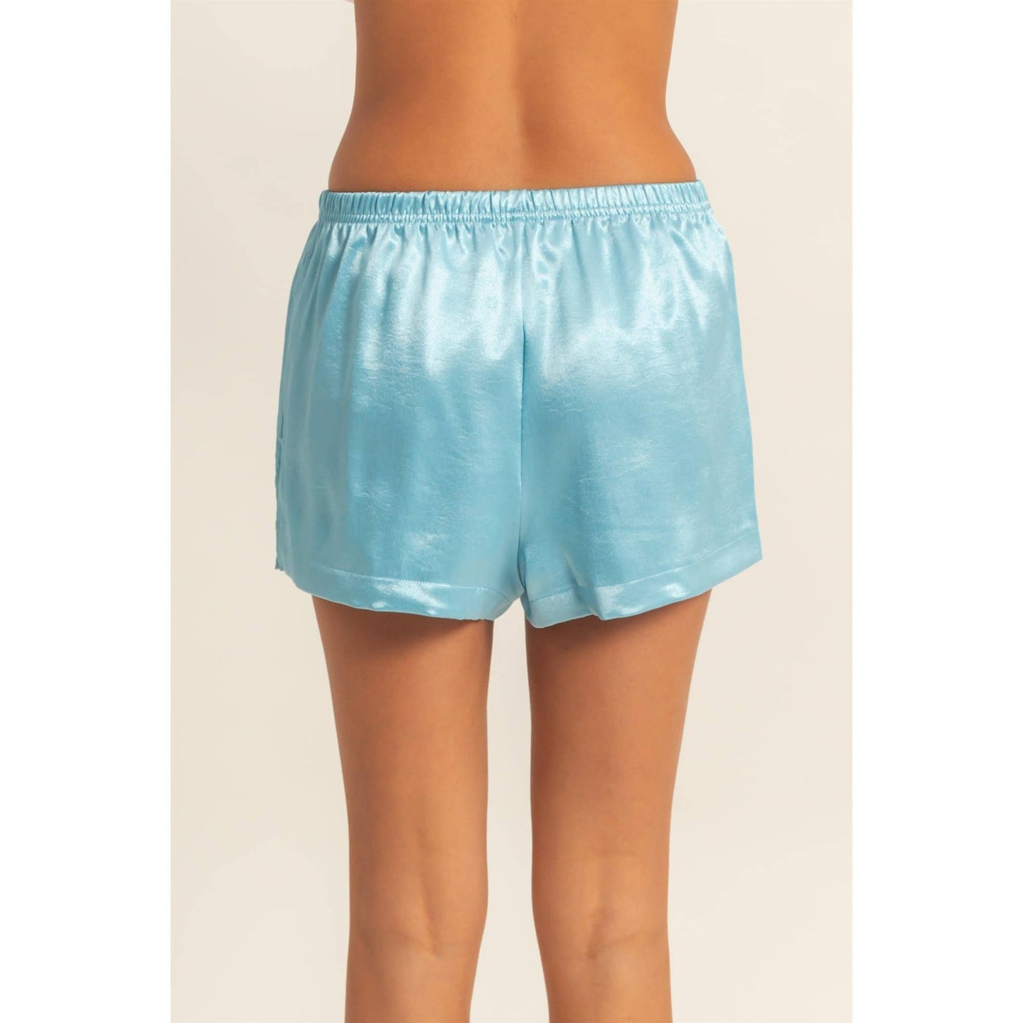 Satin Elastic Waist Shorts With Side Slit: DOLPHIN BLUE