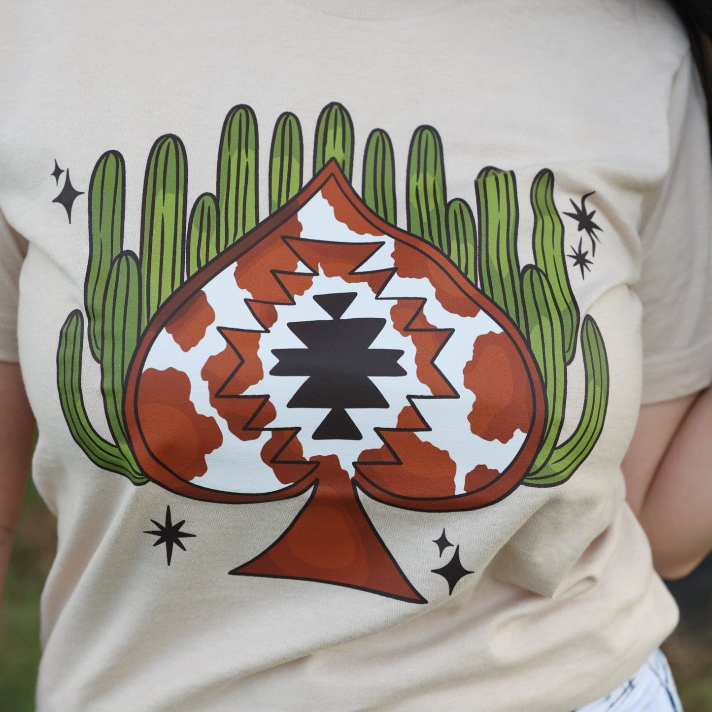 FestiviTees Women - Apparel - Shirts - T-Shirts Aztec Cowprint Spade Cactus Soft Graphic Tee