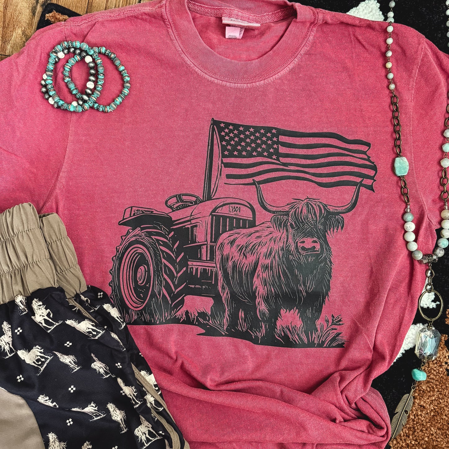 FestiviTees Women - Apparel - Shirts - T-Shirts Highland Cow Flag Tractor Soft Graphic Tee