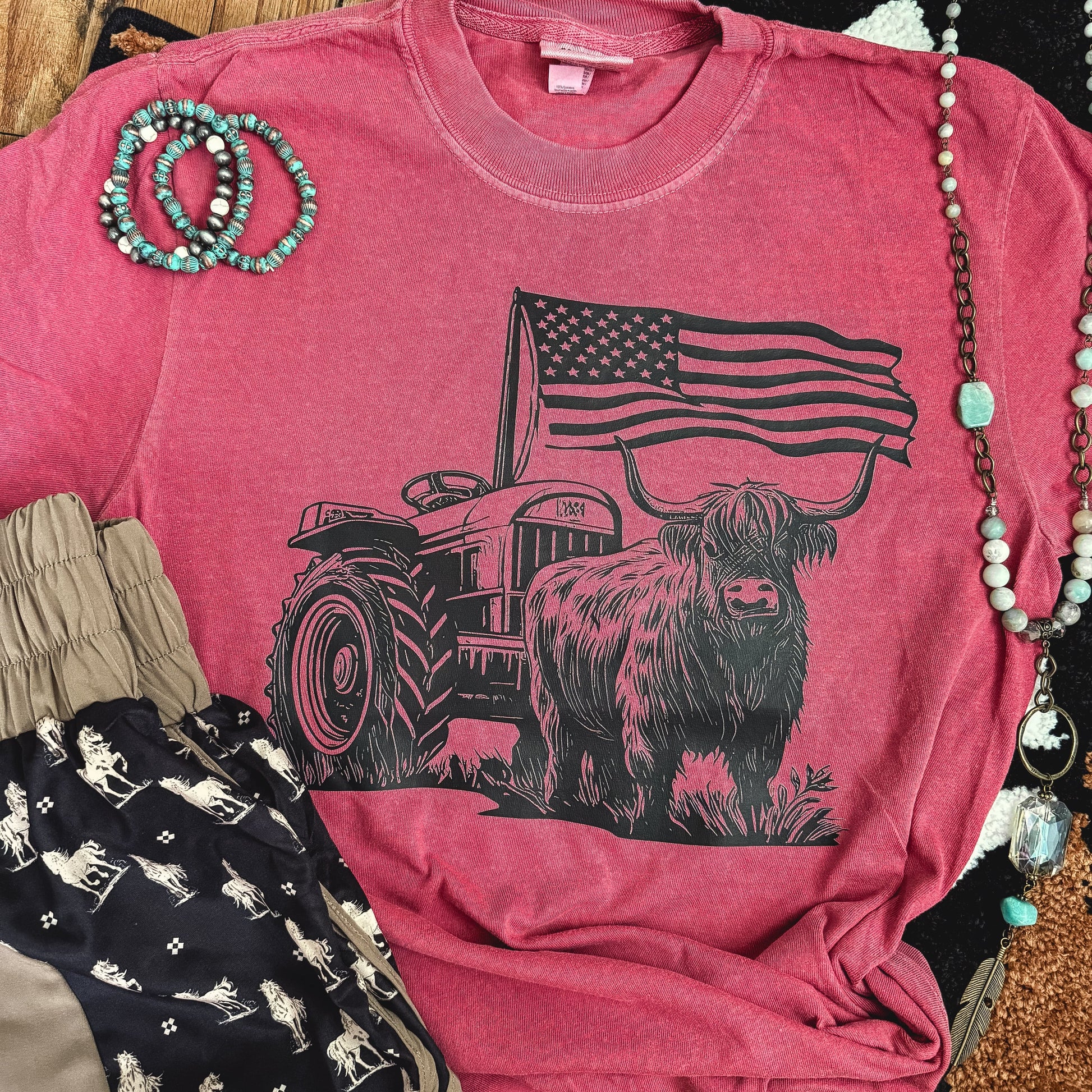 FestiviTees Women - Apparel - Shirts - T-Shirts Highland Cow Flag Tractor Soft Graphic Tee
