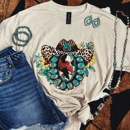 FestiviTees Women - Apparel - Shirts - T-Shirts Leopard Hat Turquoise Squash Blossom Soft Graphic Tee