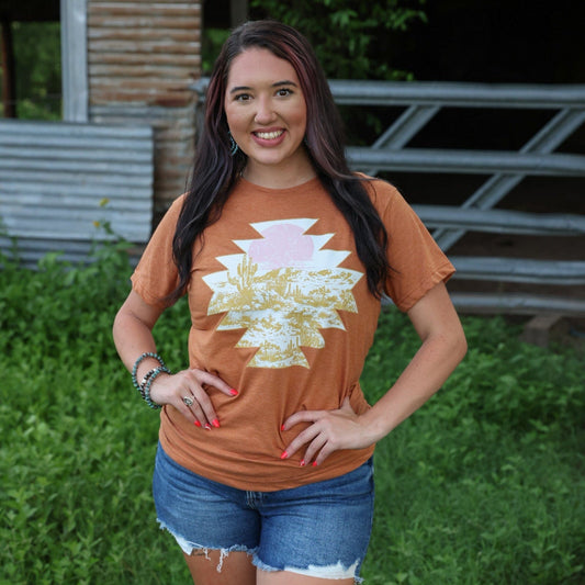 FestiviTees Women - Apparel - Shirts - T-Shirts Sunset Aztec Desert Scene Soft Graphic Tee