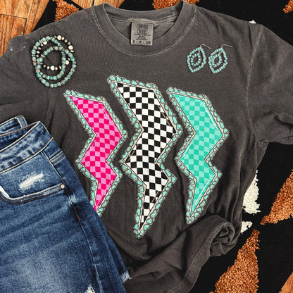 FestiviTees Women - Apparel - Shirts - T-Shirts Triple Lightning Bolt Turquoise Border Tee Soft Graphic Tee