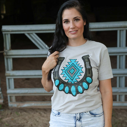 FestiviTees Women - Apparel - Shirts - T-Shirts Turquoise Aztec Horseshoe Soft Graphic Tee