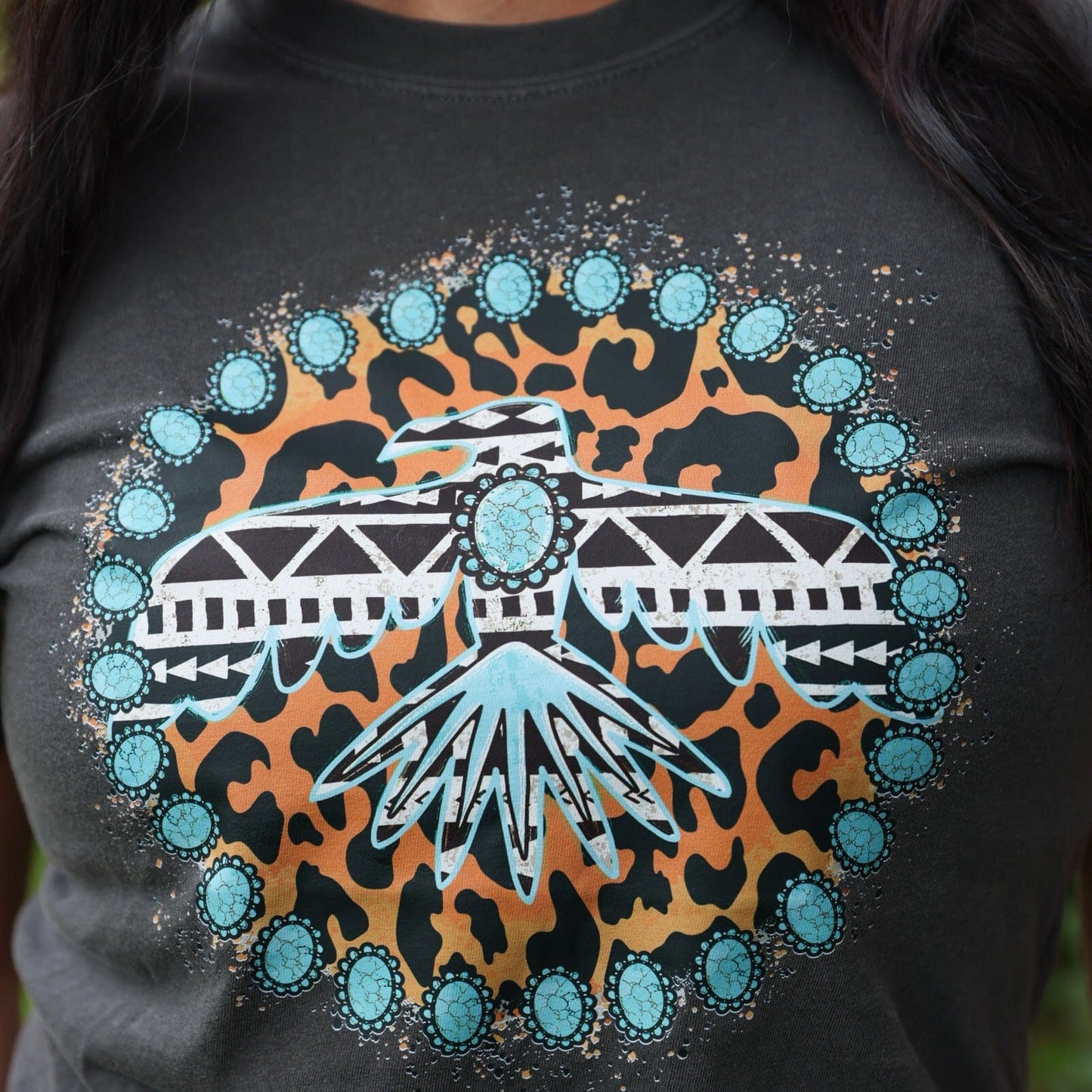 FestiviTees Women - Apparel - Shirts - T-Shirts Turquoise Thunderbird Aztec Leopard Soft Graphic Tee