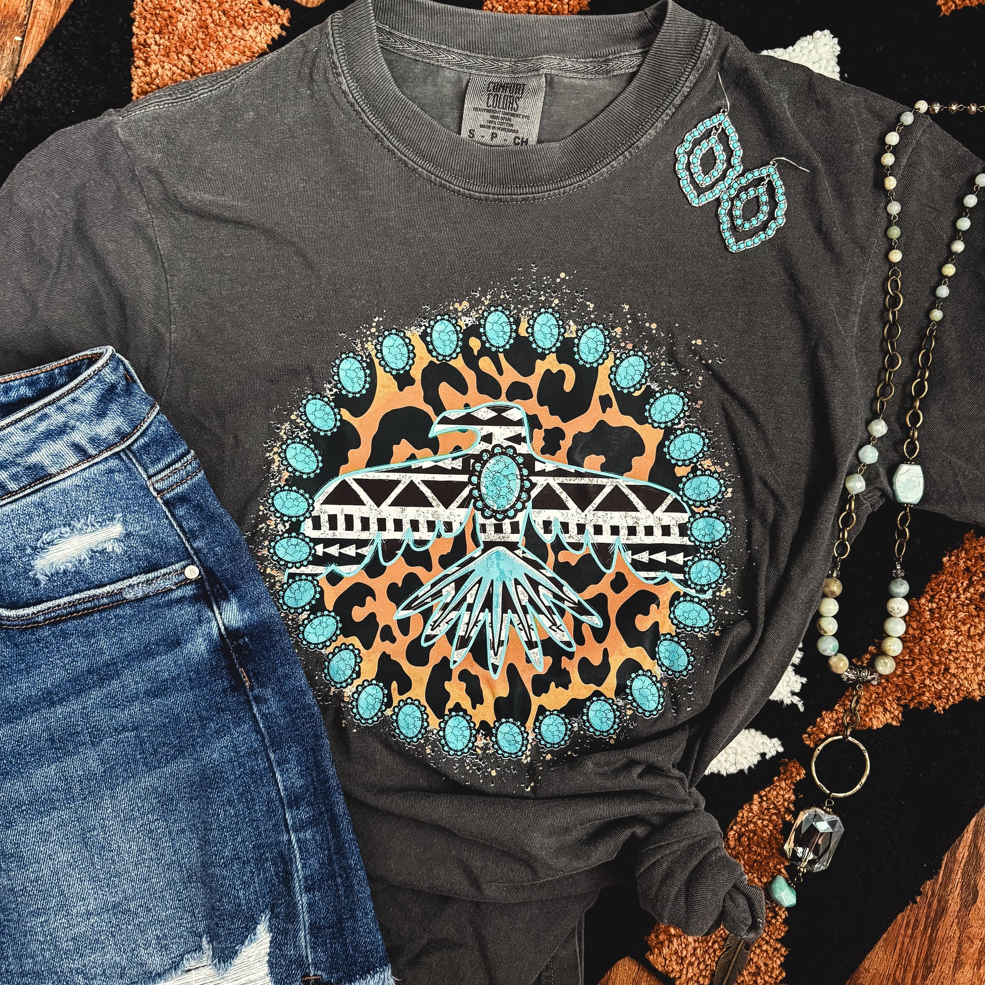 FestiviTees Women - Apparel - Shirts - T-Shirts Turquoise Thunderbird Aztec Leopard Soft Graphic Tee